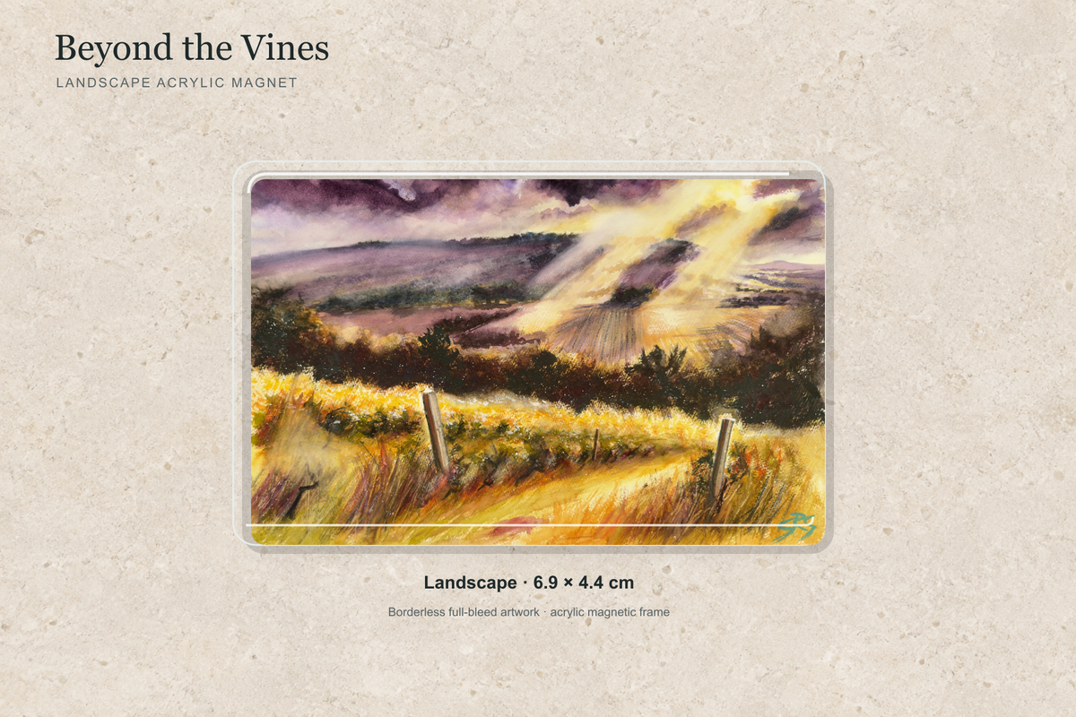 Illustrative mock-up of the landscape acrylic magnet, 6.9 × 4.4 cm, featuring Beyond the Vines.