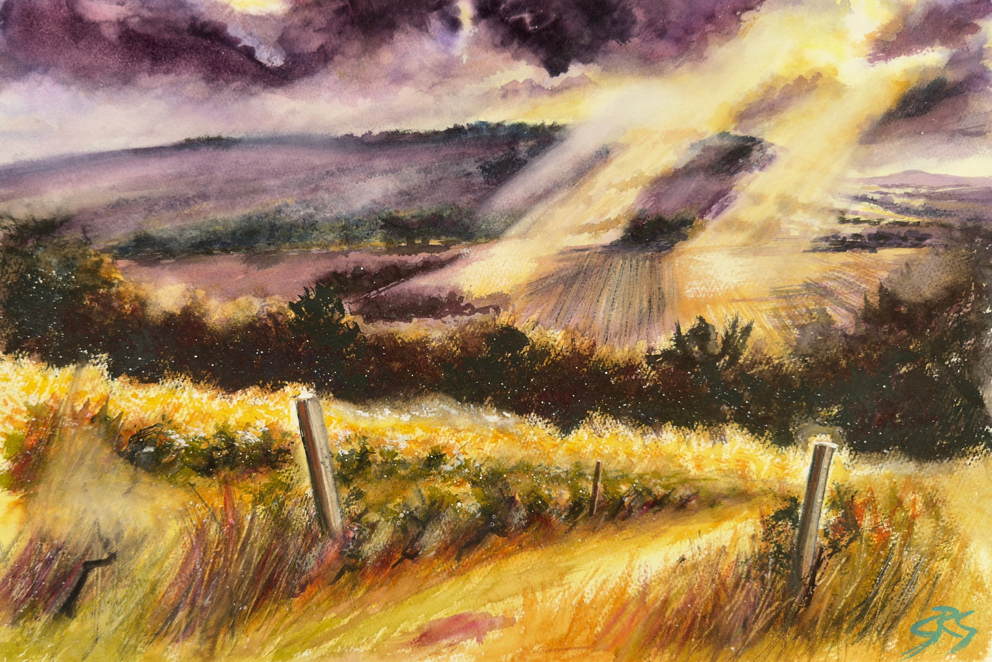 Beyond the Vines watercolour inspired by Denbies Vineyard and the view towards Box Hill.