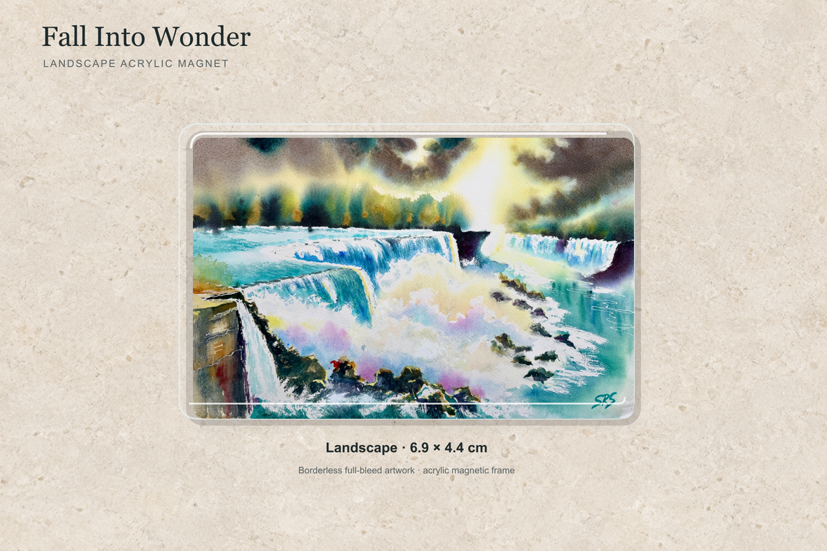 Illustrative mock-up of the landscape acrylic magnet, 6.9 × 4.4 cm, featuring Fall Into Wonder.