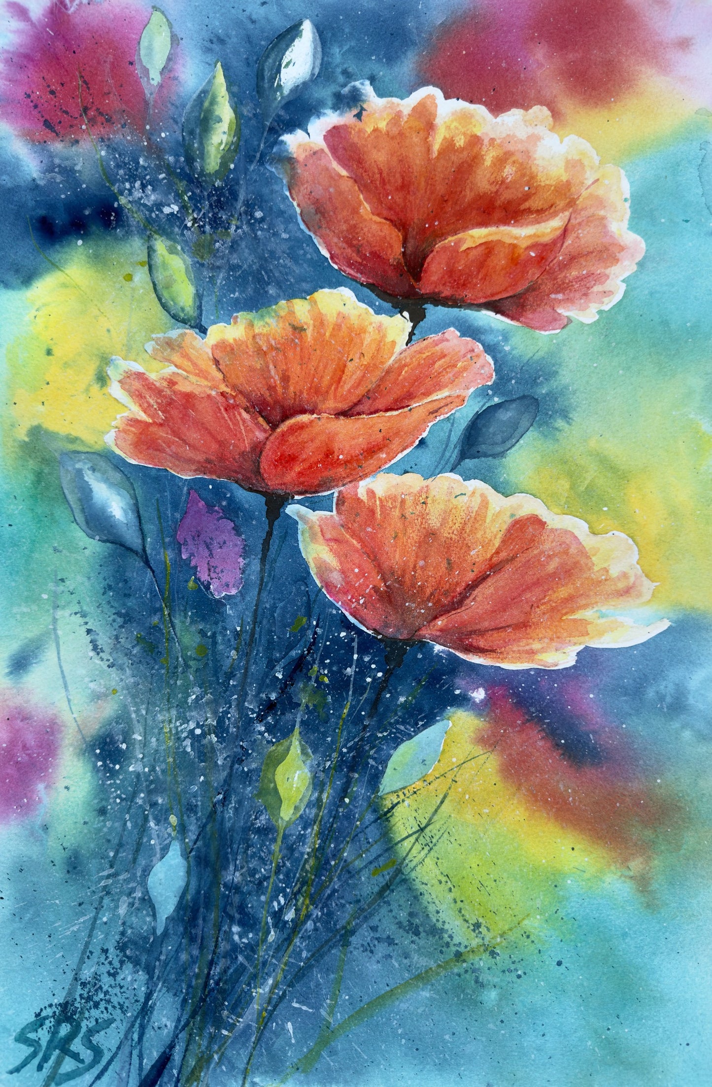Still Here in Colour expressive poppy watercolour with vibrant layered colour.