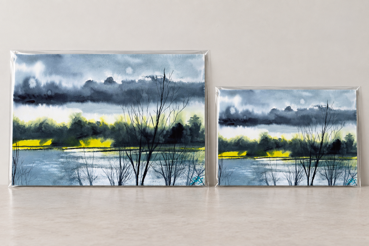 Illustrative mock-up of A4 and A3 borderless, unmounted prints in clear polypropylene sleeves featuring A Sparkle of Hope.