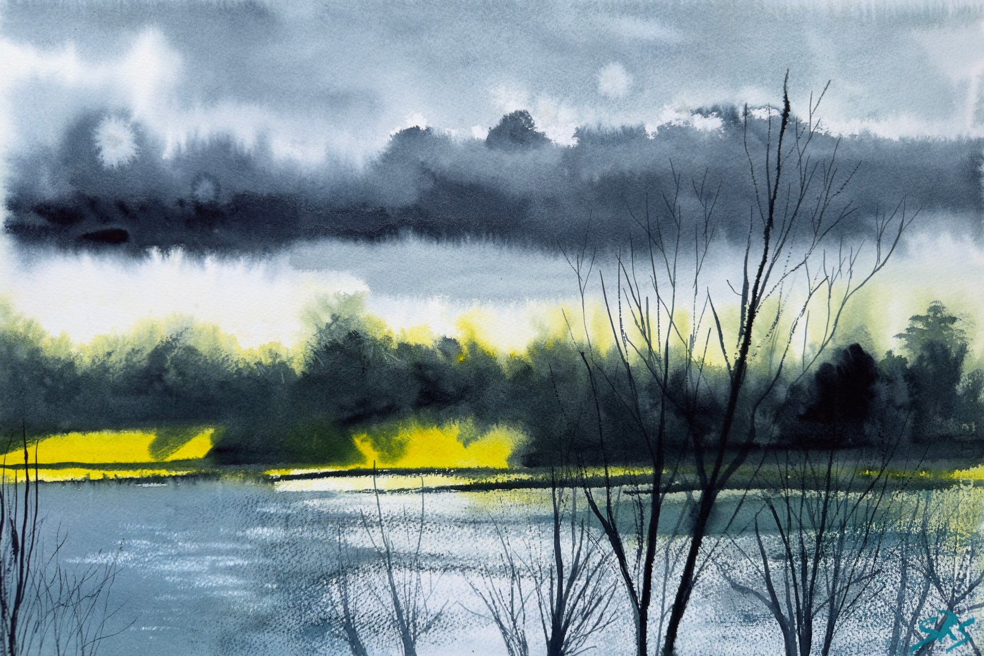 A Sparkle of Hope watercolour showing light on water at Buckland Lakes near Reigate.