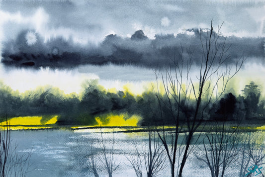 A Sparkle of Hope watercolour showing light on water at Buckland Lakes near Reigate.