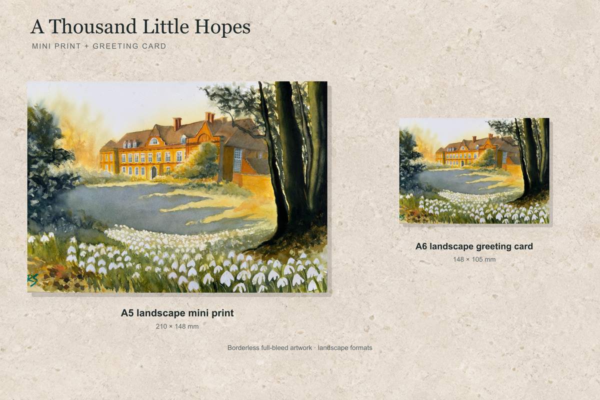 Illustrative landscape mock-up of the A5 mini print and A6 greeting card featuring A Thousand Little Hopes; both are borderless.