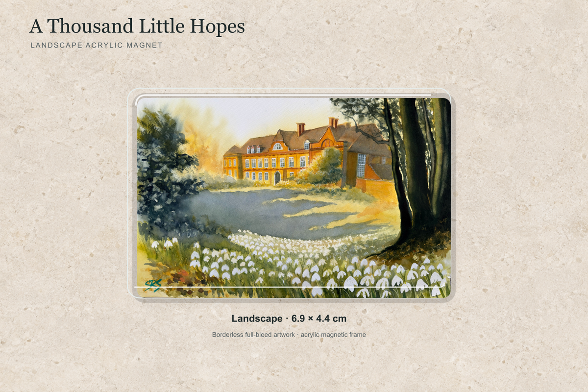 Illustrative mock-up of the landscape acrylic magnet, 6.9 × 4.4 cm, featuring A Thousand Little Hopes.