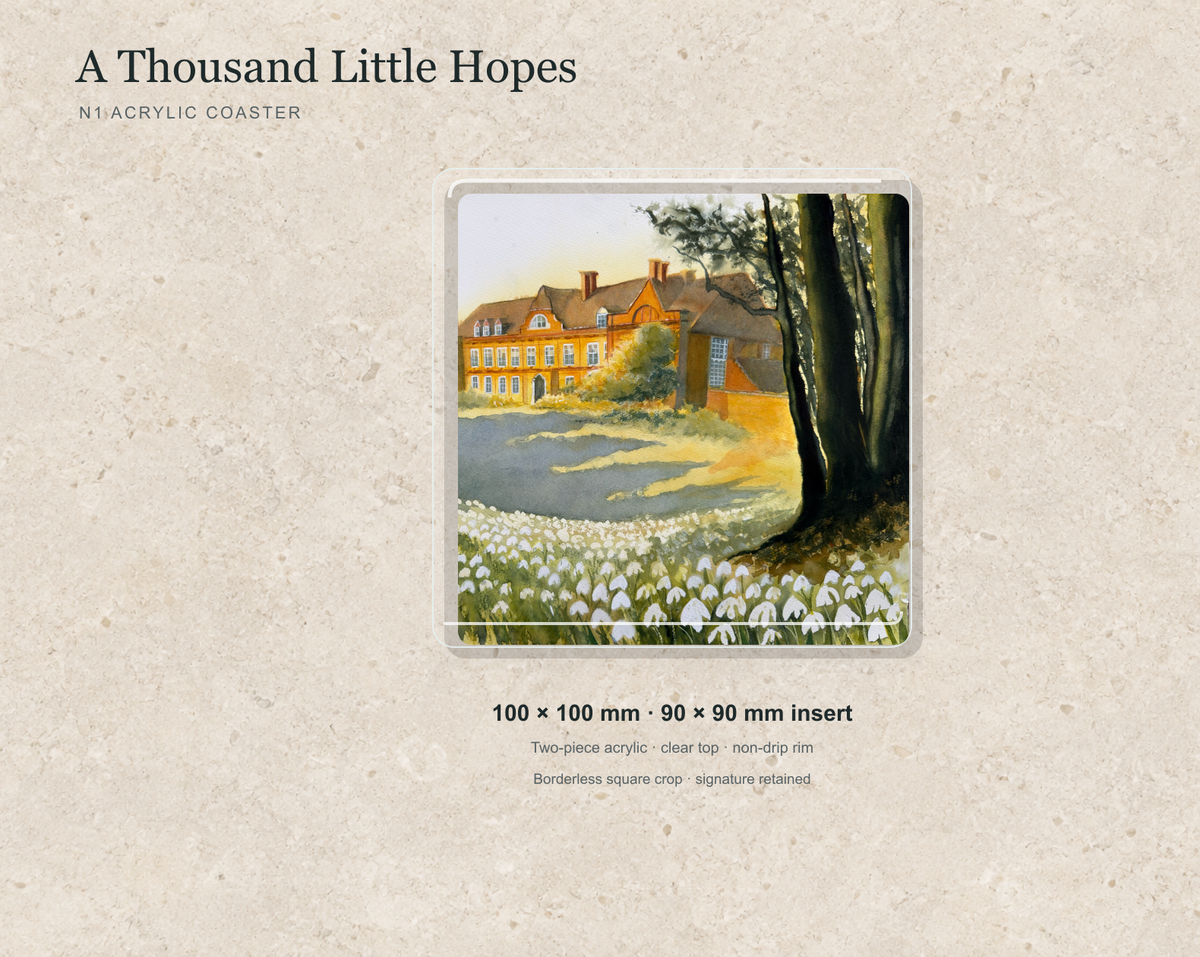 Illustrative mock-up of the N1 acrylic coaster featuring A Thousand Little Hopes.