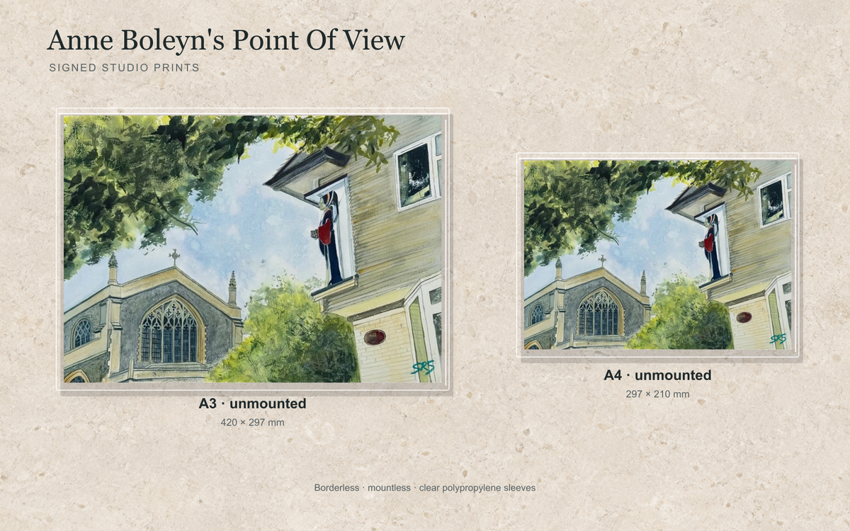 Illustrative mock-up of A4 and A3 borderless signed prints, unmounted in clear polypropylene bags, featuring Anne Boleyn's Point Of View.