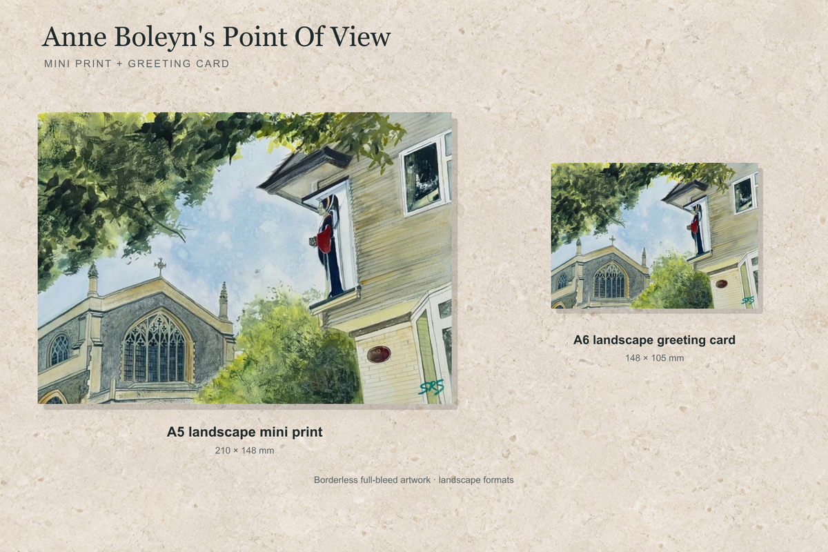 Illustrative landscape mock-up of the A5 mini print and A6 greeting card featuring Anne Boleyn's Point Of View; both are borderless.