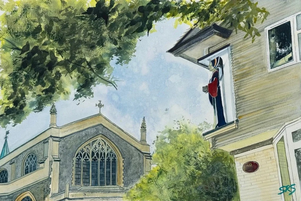 Anne Boleyn's Point Of View watercolour showing Carshalton architecture, trees and local heritage.