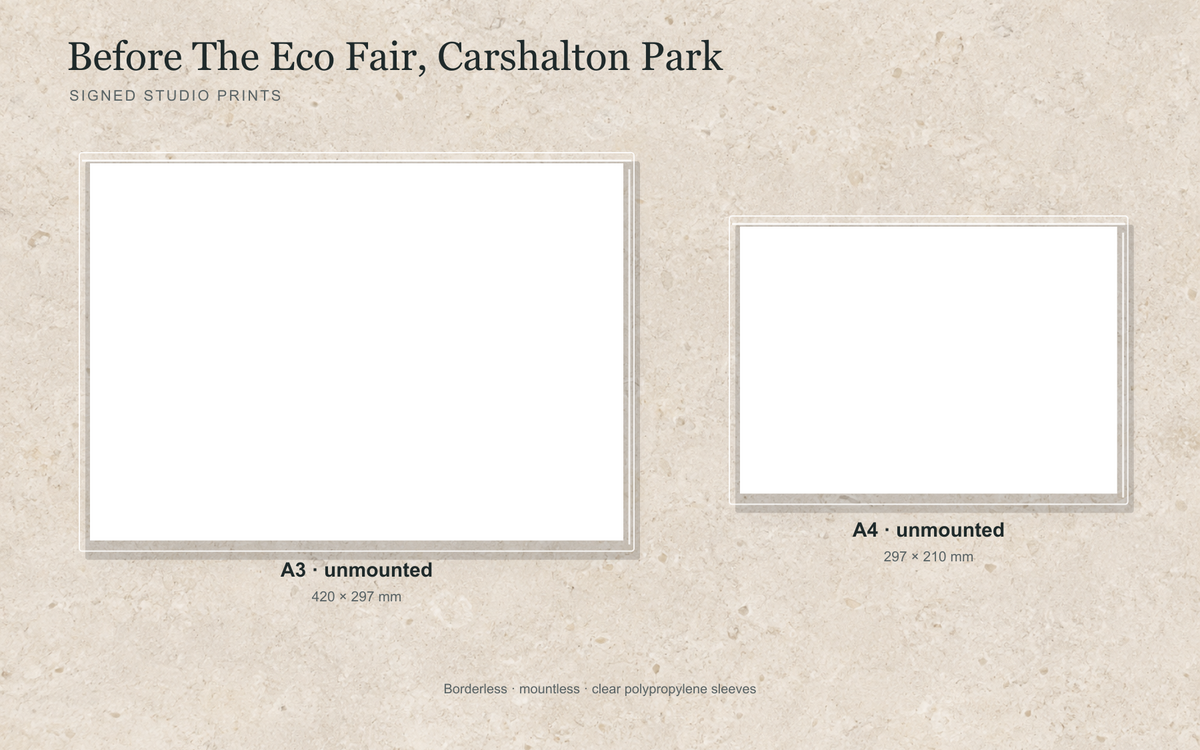 Illustrative mock-up of A4 and A3 borderless signed prints, unmounted in clear polypropylene bags, featuring Before The Eco Fair, Carshalton Park.