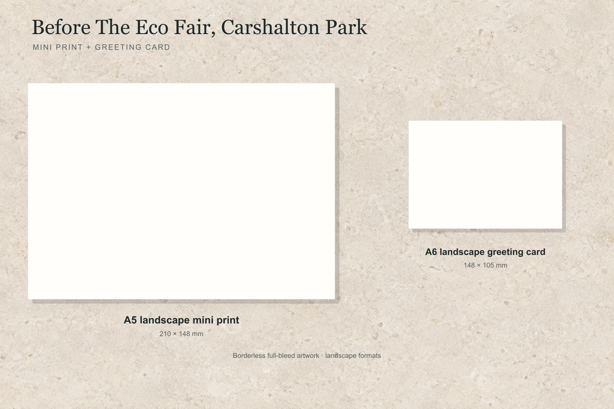 Illustrative landscape mock-up of the A5 mini print and A6 greeting card featuring Before The Eco Fair, Carshalton Park; both are borderless.