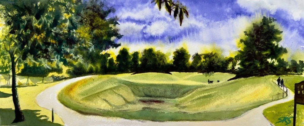 Before The Eco Fair, Carshalton Park watercolour showing the park under a blue sky.