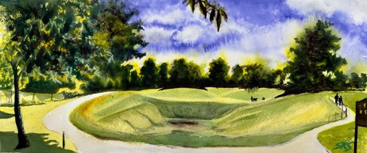 Before The Eco Fair, Carshalton Park watercolour showing the park under a blue sky.
