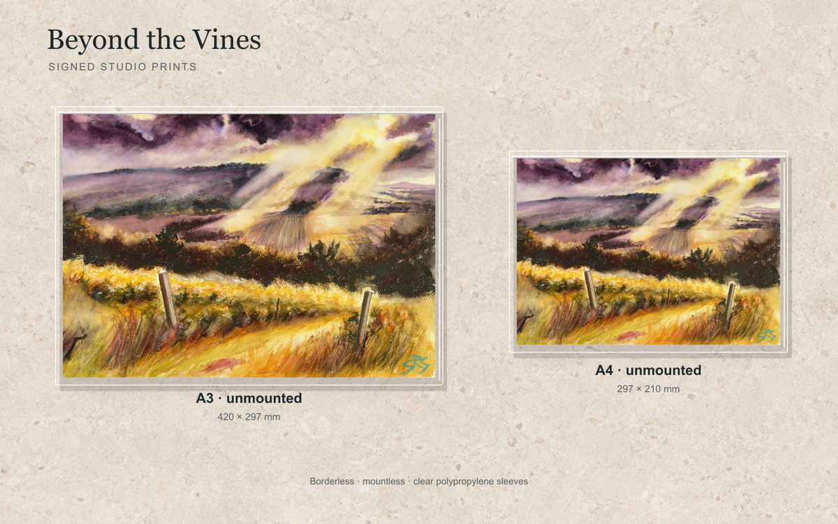 Illustrative mock-up of A4 and A3 borderless signed prints, unmounted in clear polypropylene bags, featuring Beyond the Vines.