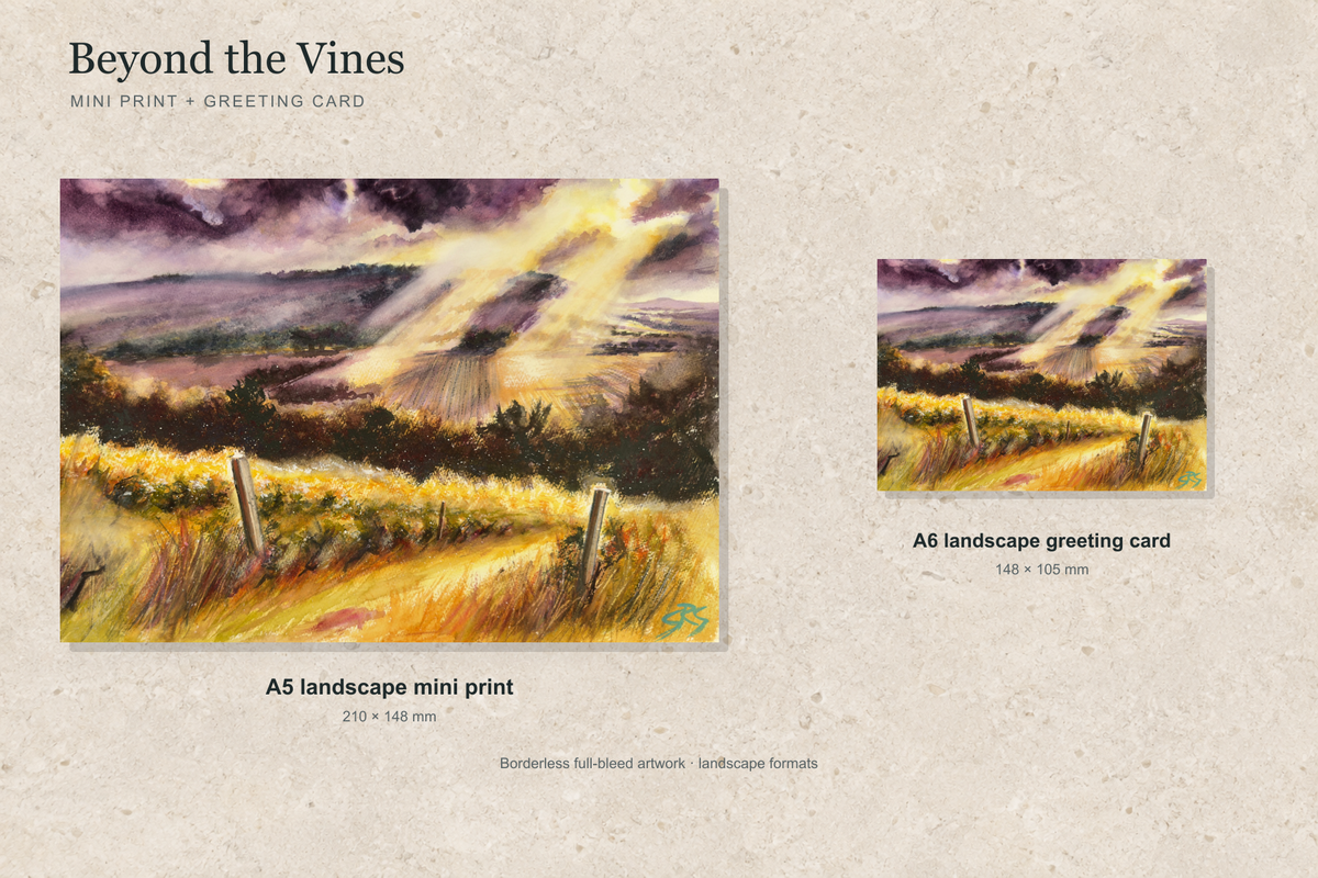 Illustrative landscape mock-up of the A5 mini print and A6 greeting card featuring Beyond the Vines; both are borderless.