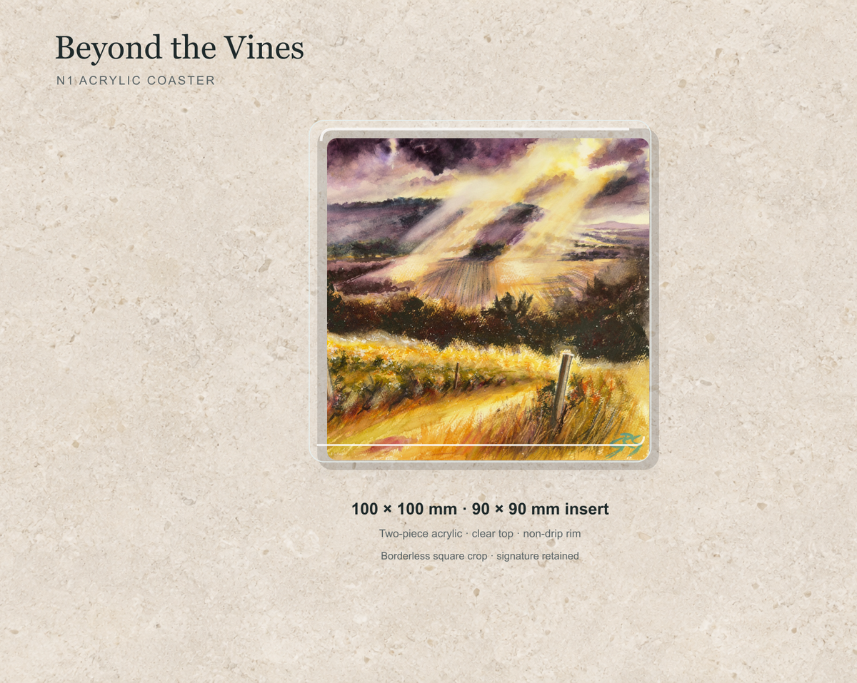 Illustrative mock-up of the N1 acrylic coaster featuring Beyond the Vines.