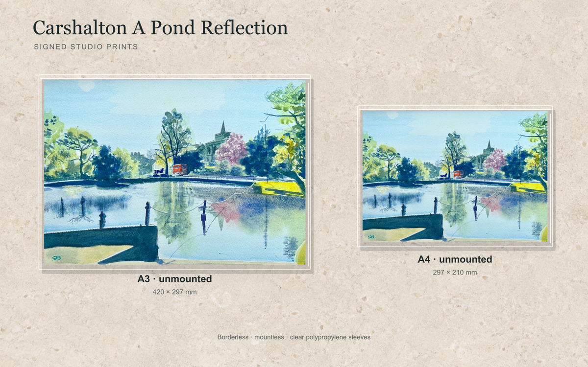 Illustrative mock-up of A4 and A3 borderless signed prints, unmounted in clear polypropylene bags, featuring Carshalton A Pond Reflection.