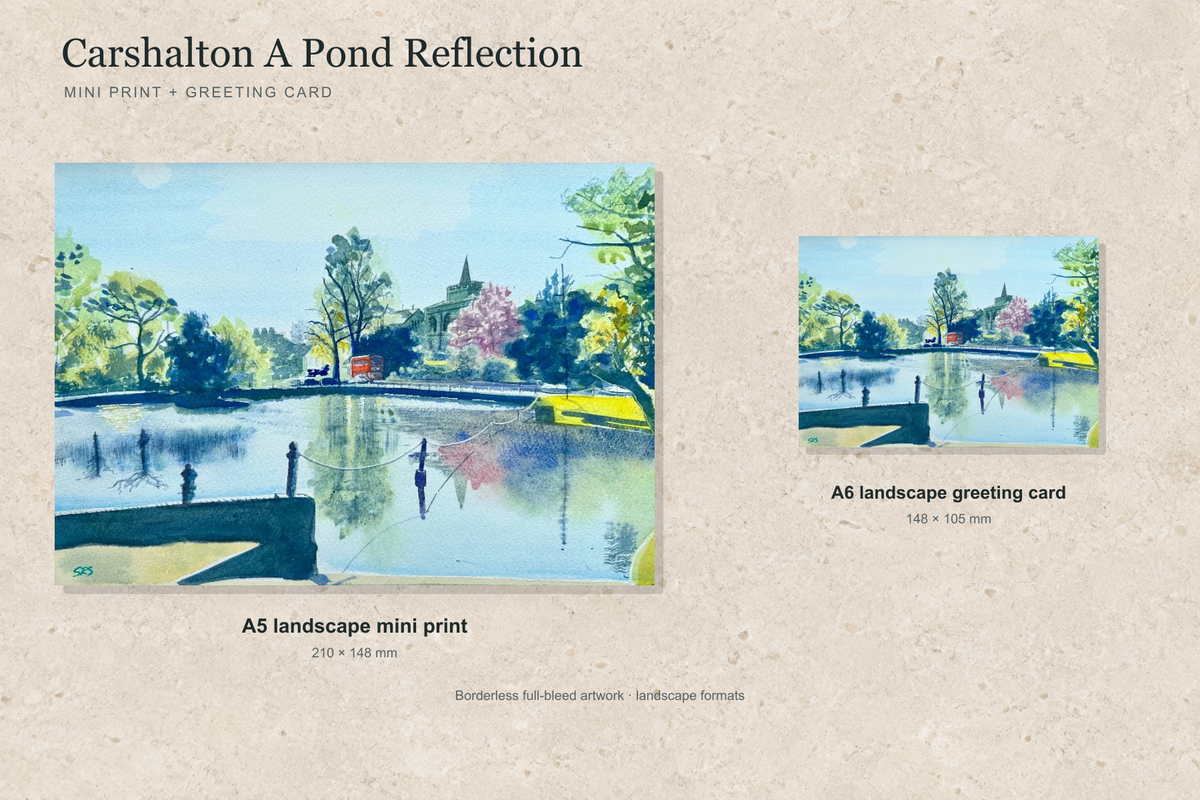 Illustrative landscape mock-up of the A5 mini print and A6 greeting card featuring Carshalton A Pond Reflection; both are borderless.
