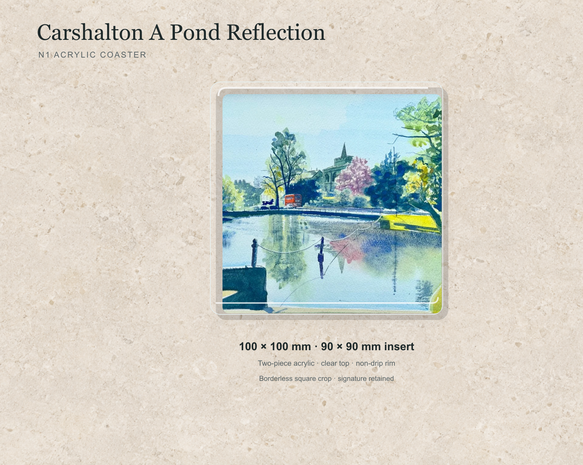 Illustrative mock-up of the N1 acrylic coaster featuring Carshalton A Pond Reflection.