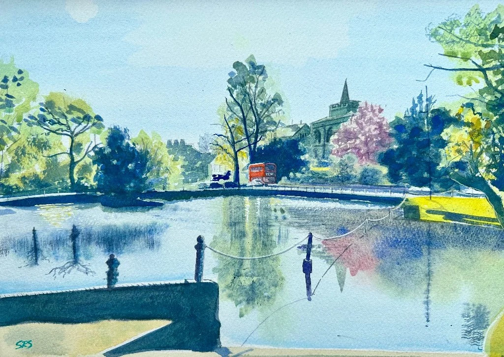 Carshalton A Pond Reflection watercolour showing the ponds, reflections, trees and church.