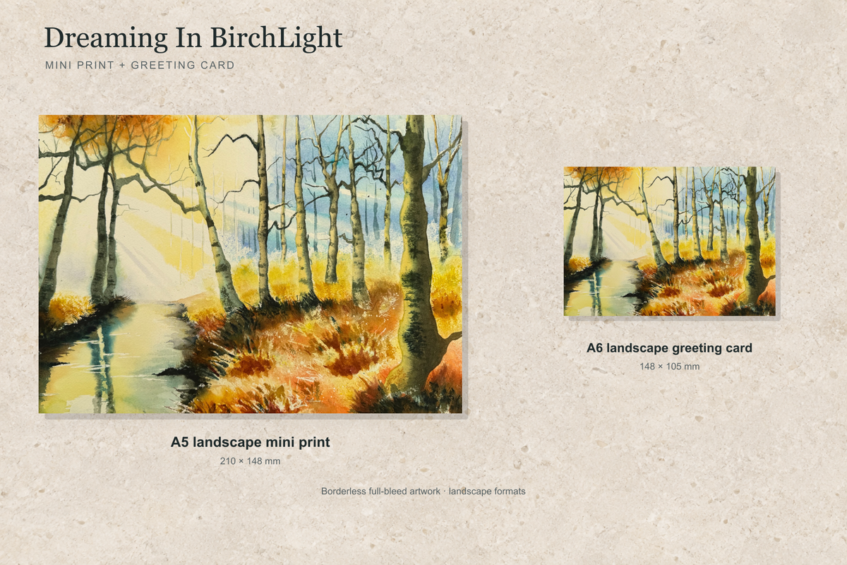 Illustrative landscape mock-up of the A5 mini print and A6 greeting card featuring Dreaming In BirchLight; both are borderless.