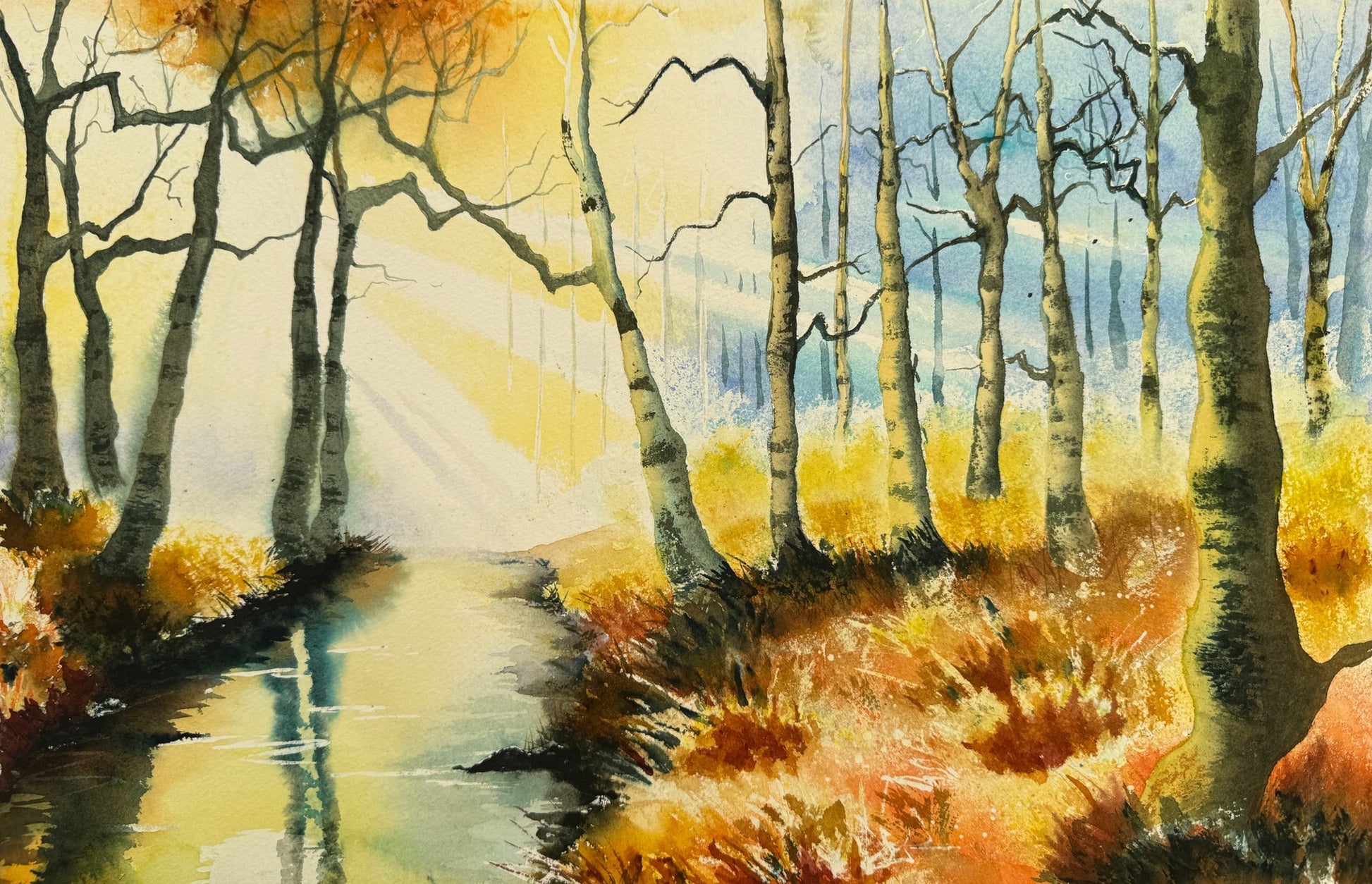 Dreaming In BirchLight watercolour showing golden birch woodland and reflections.