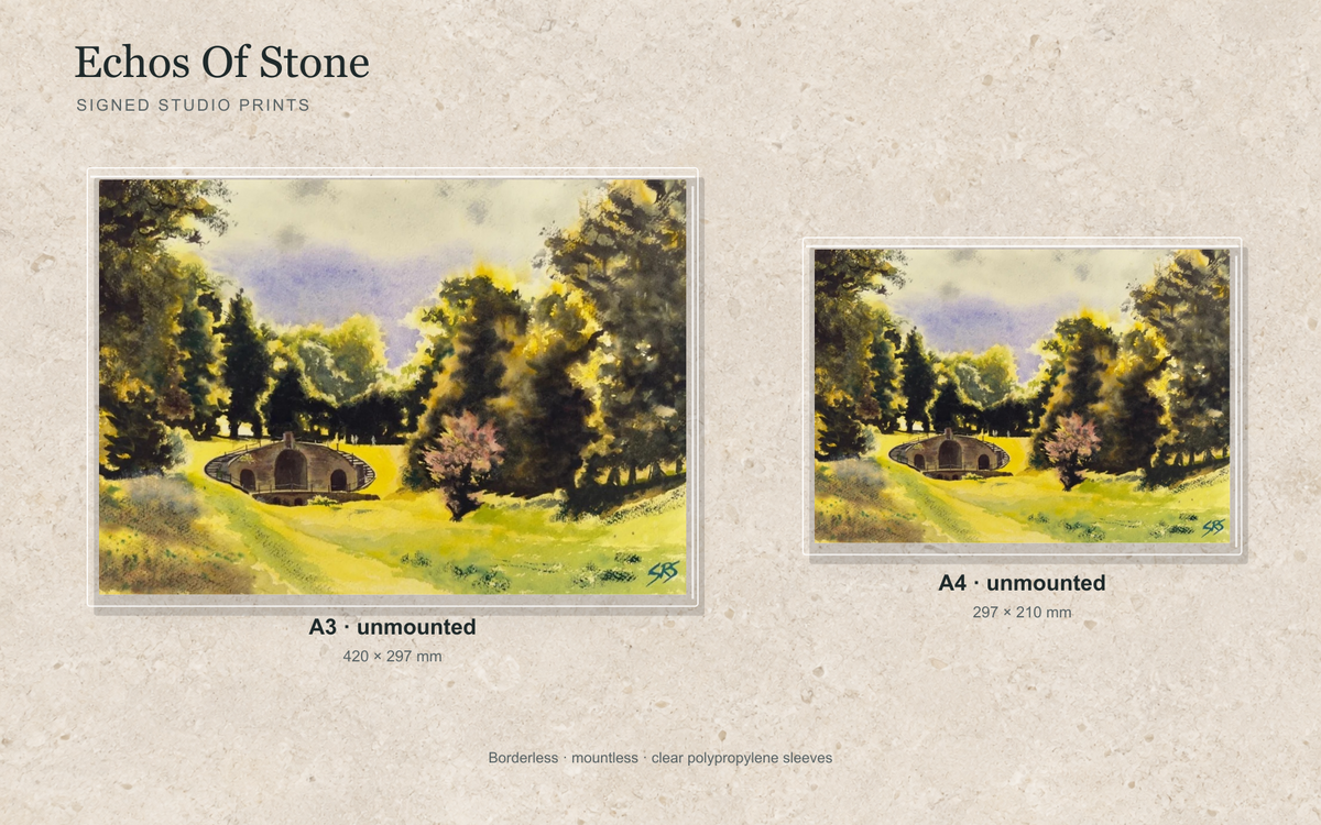 Illustrative mock-up of A4 and A3 borderless signed prints, unmounted in clear polypropylene bags, featuring Echos Of Stone.