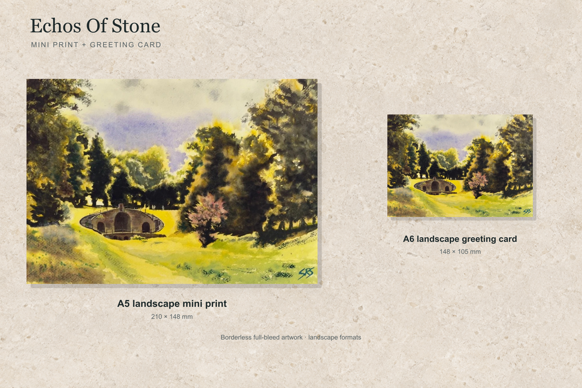 Illustrative landscape mock-up of the A5 mini print and A6 greeting card featuring Echos Of Stone; both are borderless.
