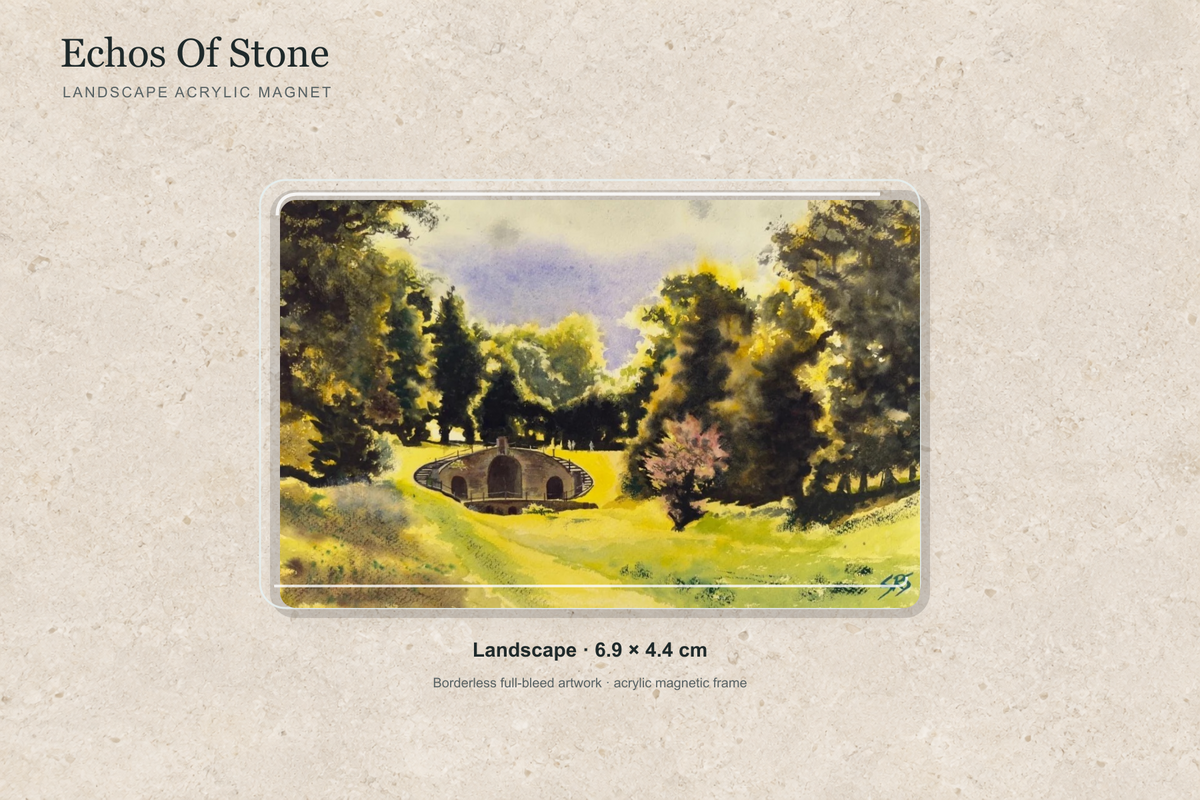 Illustrative mock-up of the landscape acrylic magnet, 6.9 × 4.4 cm, featuring Echos Of Stone.