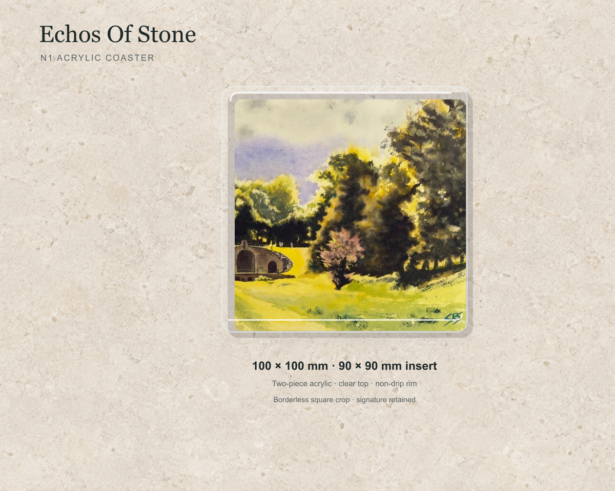 Illustrative mock-up of the N1 acrylic coaster featuring Echos Of Stone.