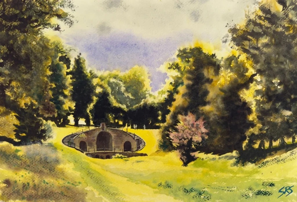 Echos Of Stone watercolour showing a Carshalton green space with trees and old stonework.
