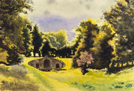 Echos Of Stone watercolour showing a Carshalton green space with trees and old stonework.