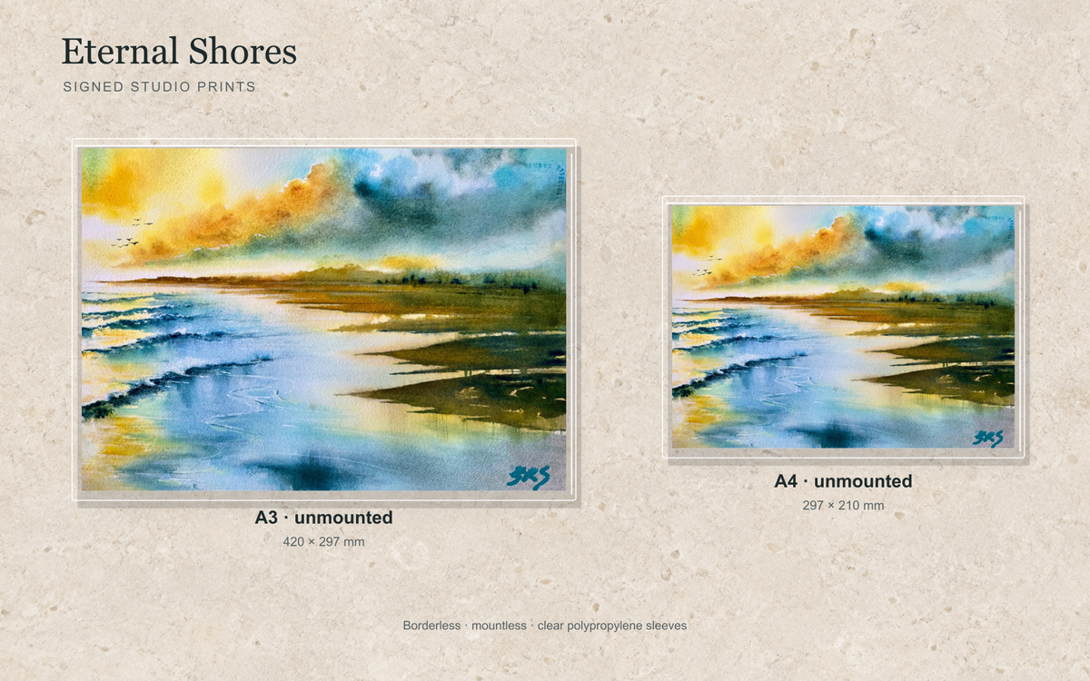 Illustrative mock-up of A4 and A3 borderless signed prints, unmounted in clear polypropylene bags, featuring Eternal Shores.