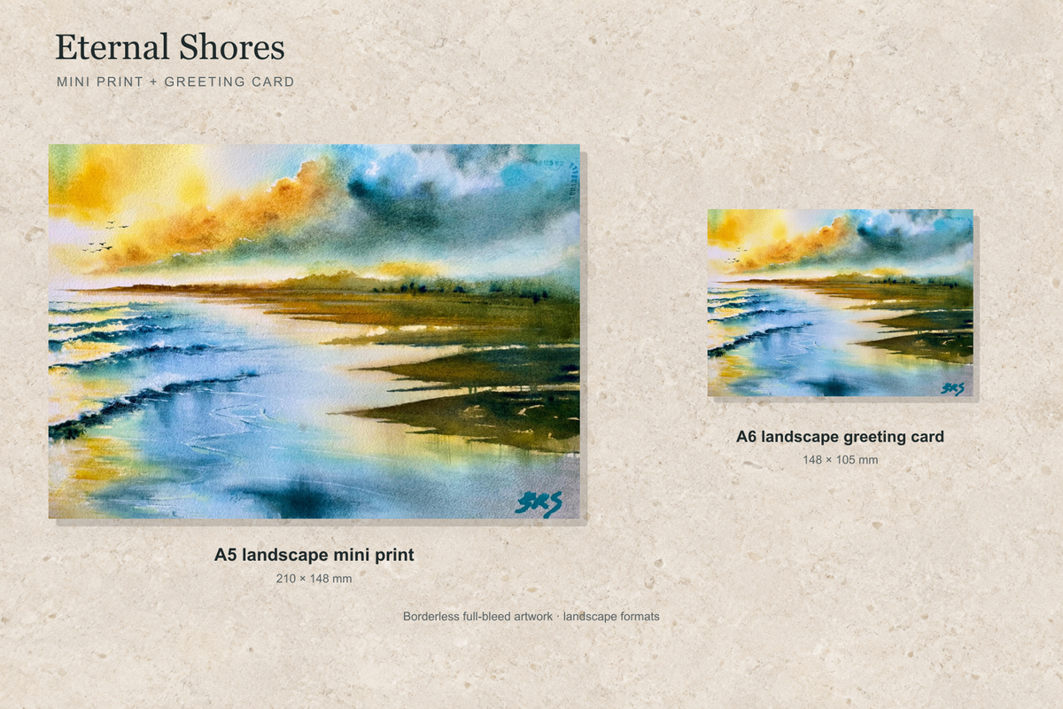 Illustrative landscape mock-up of the A5 mini print and A6 greeting card featuring Eternal Shores; both are borderless.