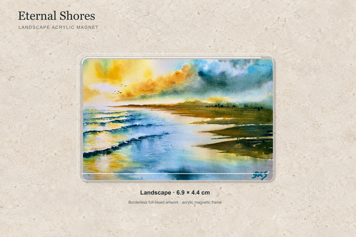 Illustrative mock-up of the landscape acrylic magnet, 6.9 × 4.4 cm, featuring Eternal Shores.
