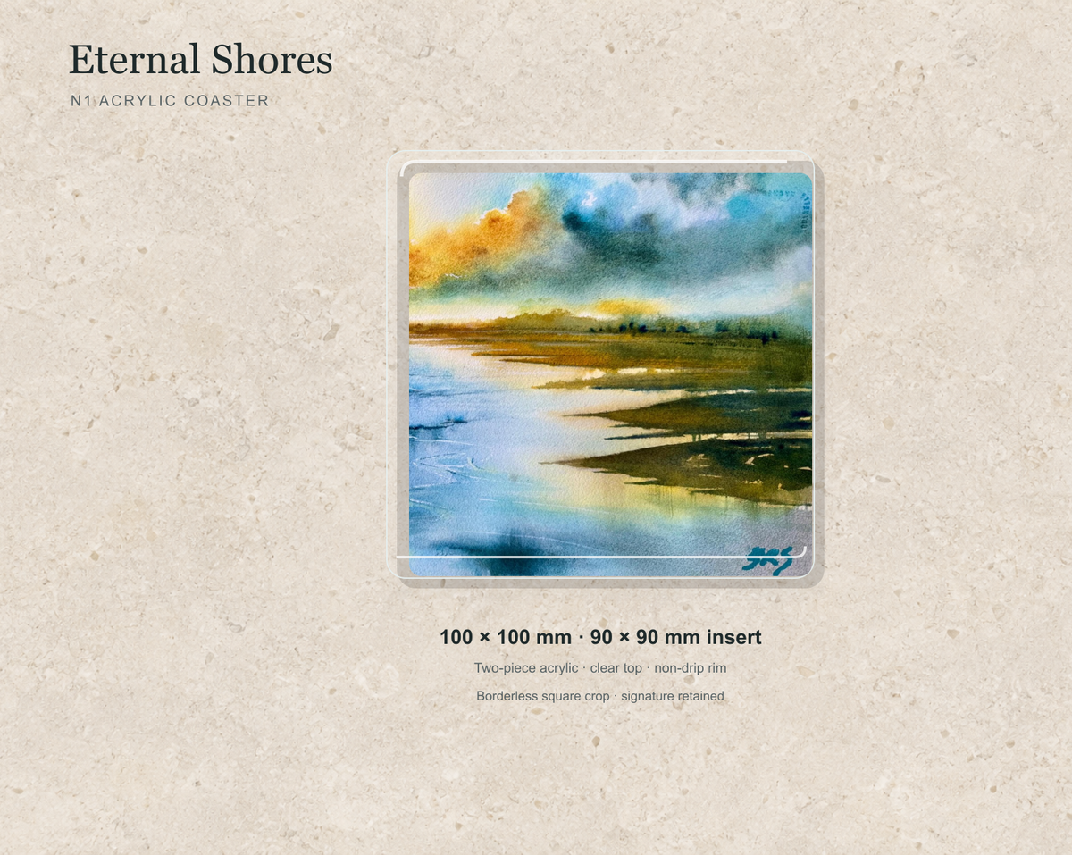 Illustrative mock-up of the N1 acrylic coaster featuring Eternal Shores.