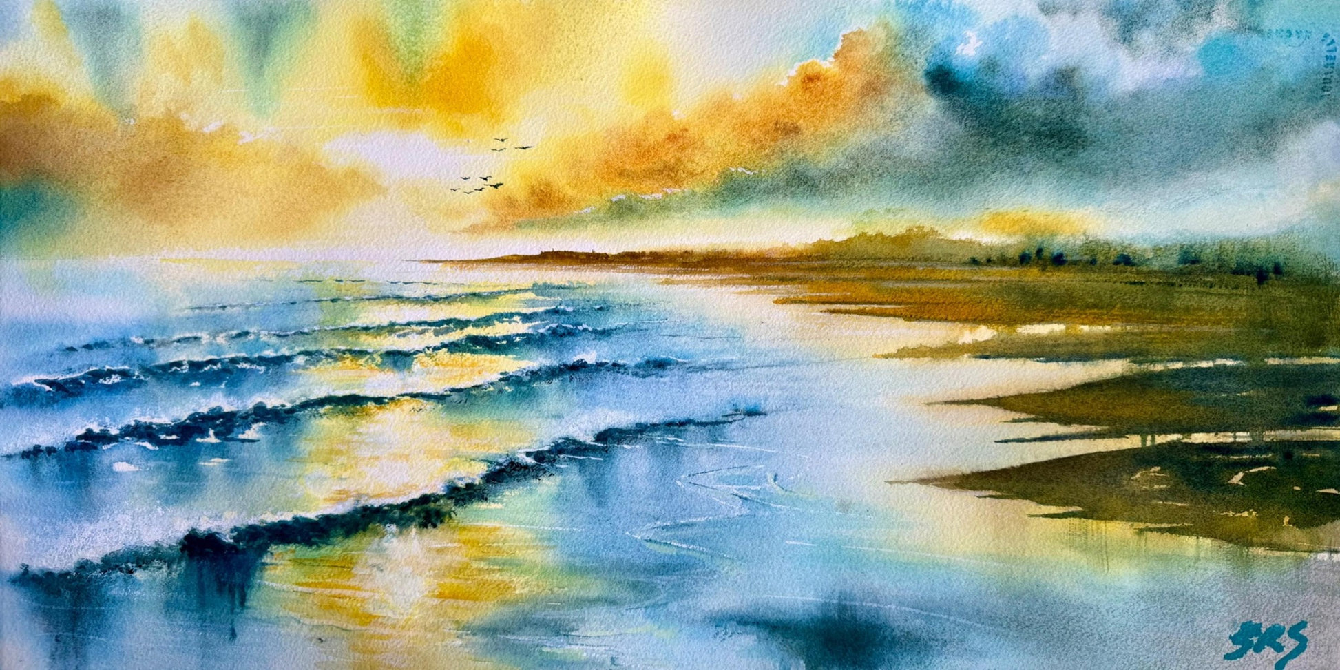 Eternal Shores watercolour showing a calm coastal shoreline, sea and soft sky.