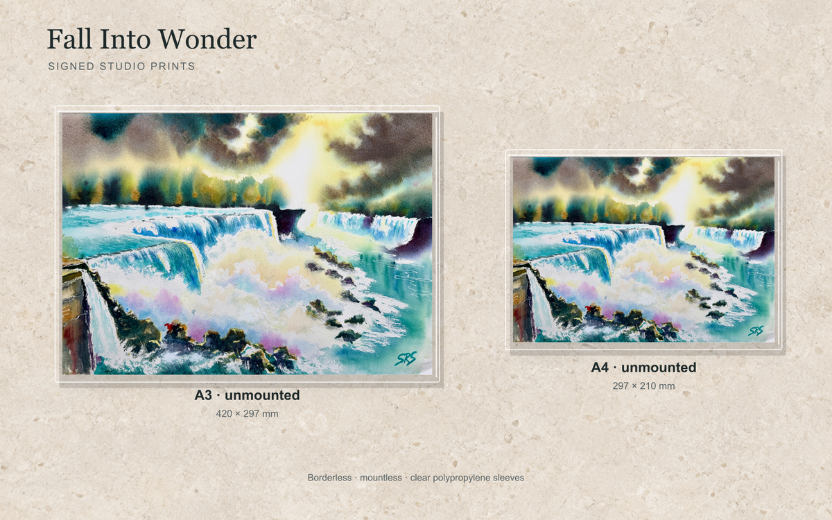 Illustrative mock-up of A4 and A3 borderless signed prints, unmounted in clear polypropylene bags, featuring Fall Into Wonder.