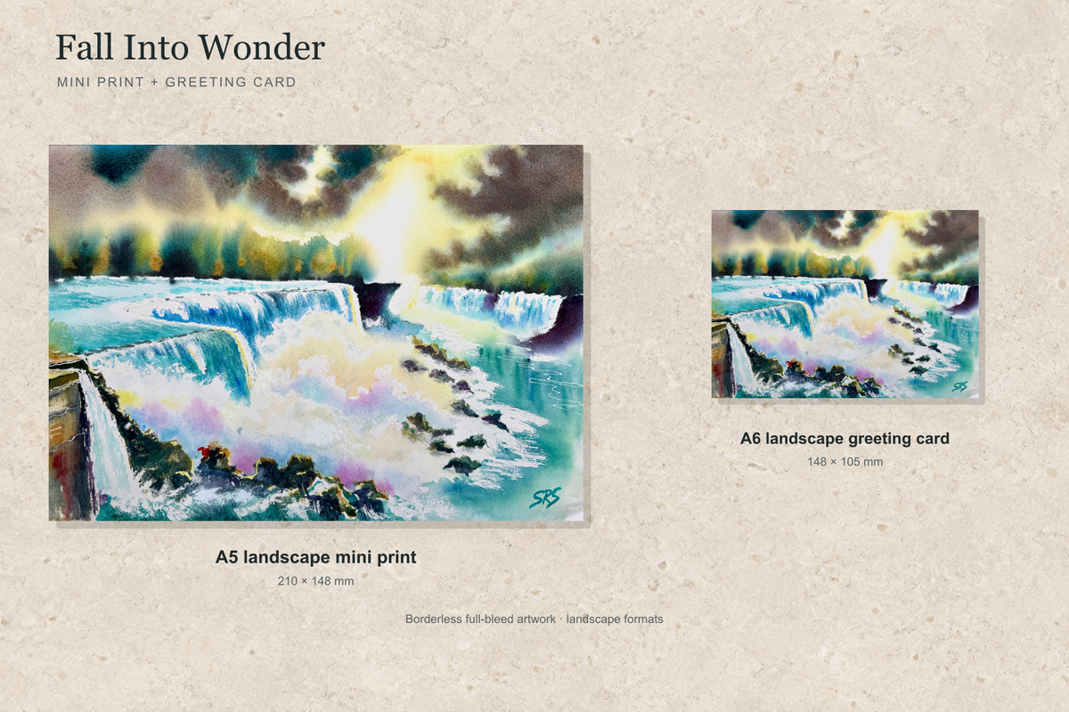 Illustrative landscape mock-up of the A5 mini print and A6 greeting card featuring Fall Into Wonder; both are borderless.