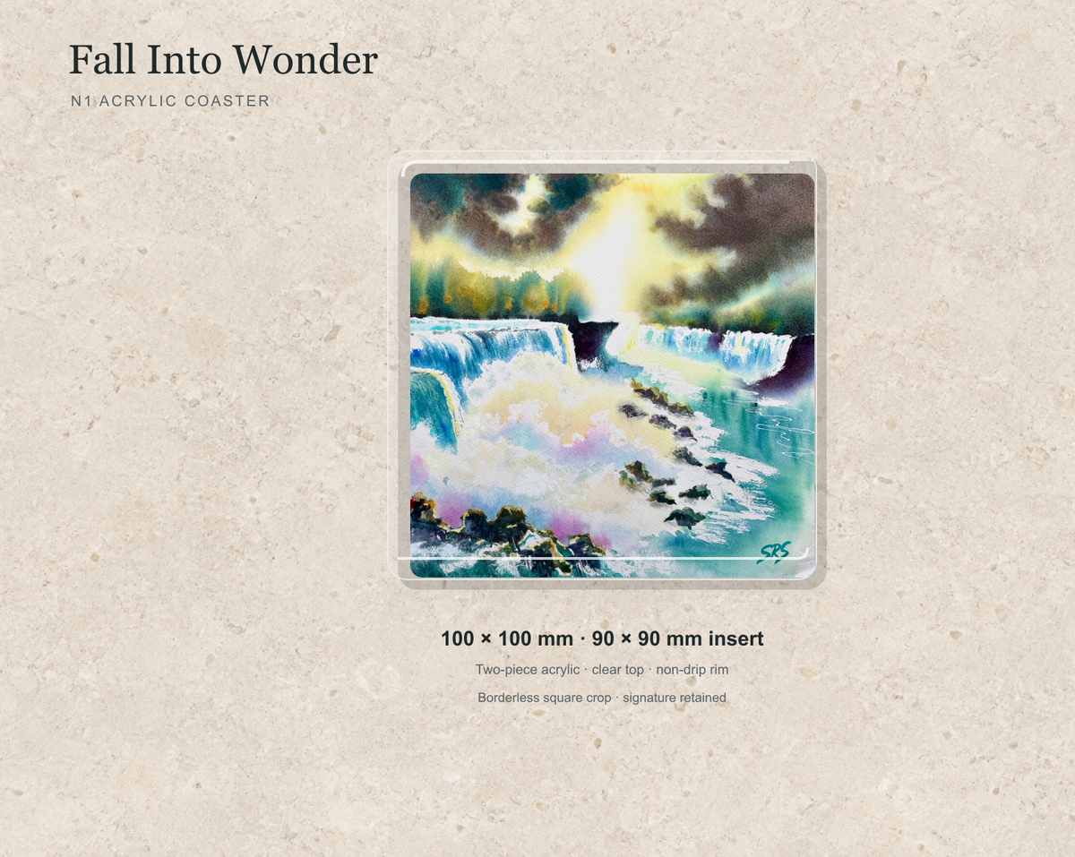 Illustrative mock-up of the N1 acrylic coaster featuring Fall Into Wonder.