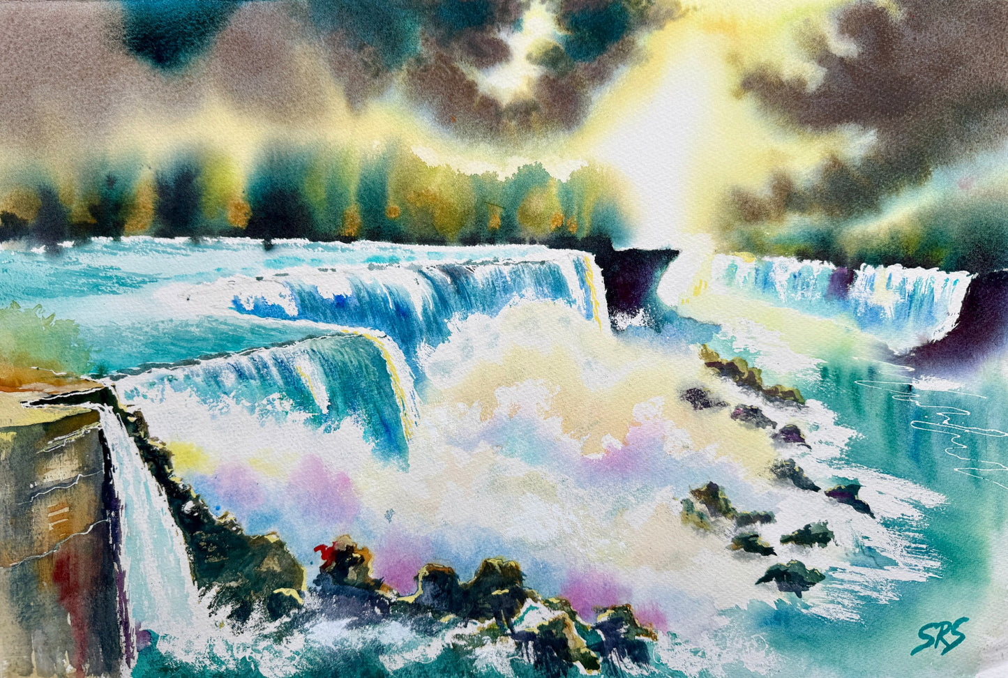 Fall Into Wonder watercolour showing a waterfall, turquoise water and golden light.
