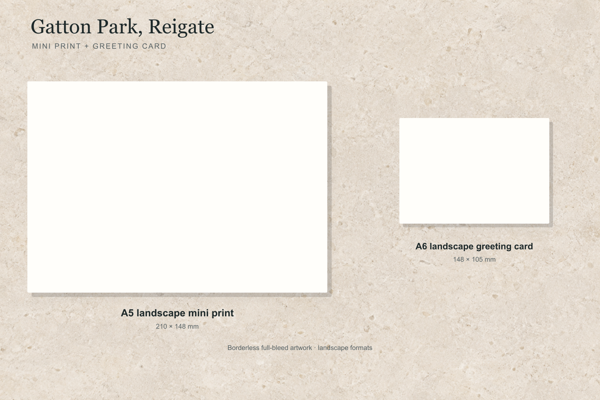 Illustrative landscape mock-up of the A5 mini print and A6 greeting card featuring Gatton Park, Reigate; both are borderless.