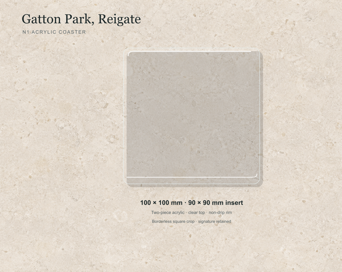 Illustrative mock-up of the N1 acrylic coaster featuring Gatton Park, Reigate.