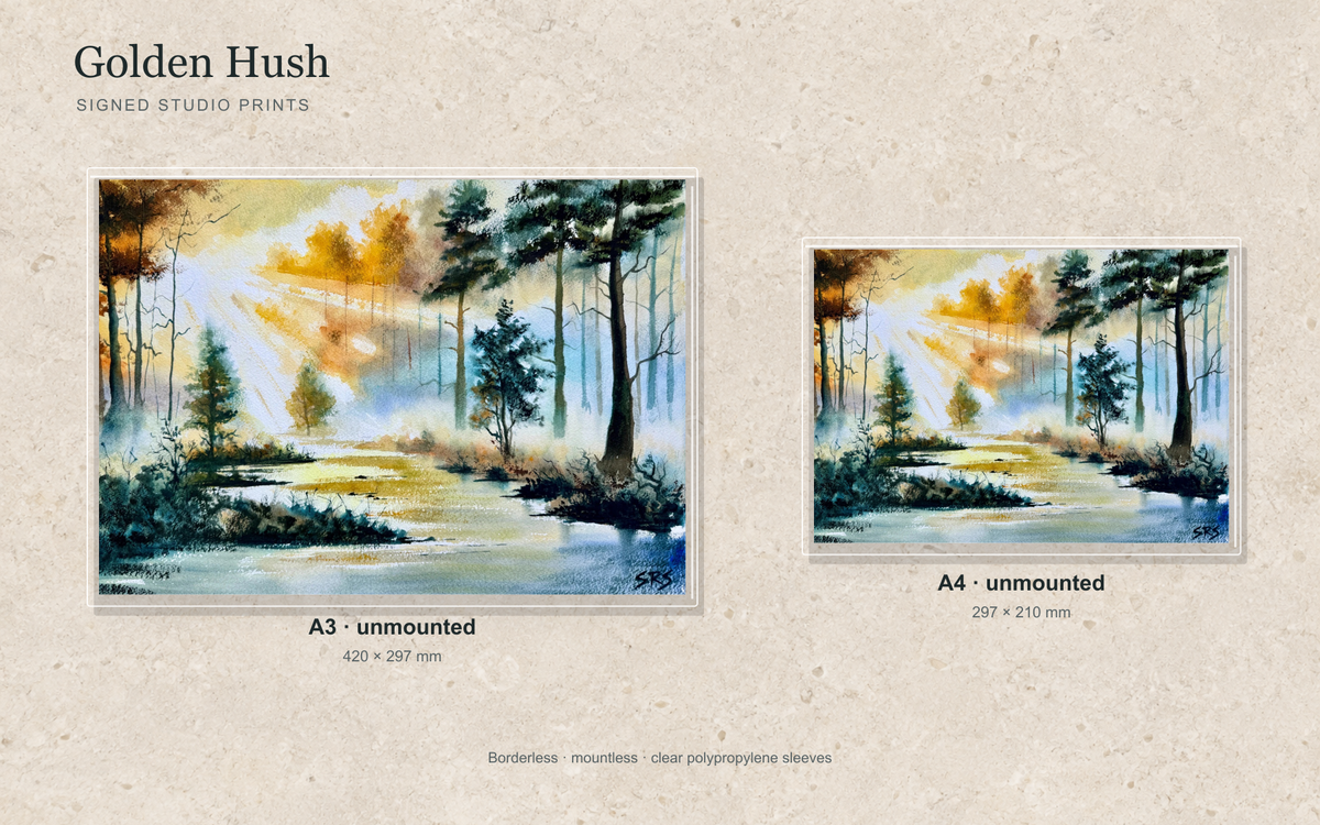 Illustrative mock-up of A4 and A3 borderless signed prints, unmounted in clear polypropylene bags, featuring Golden Hush.