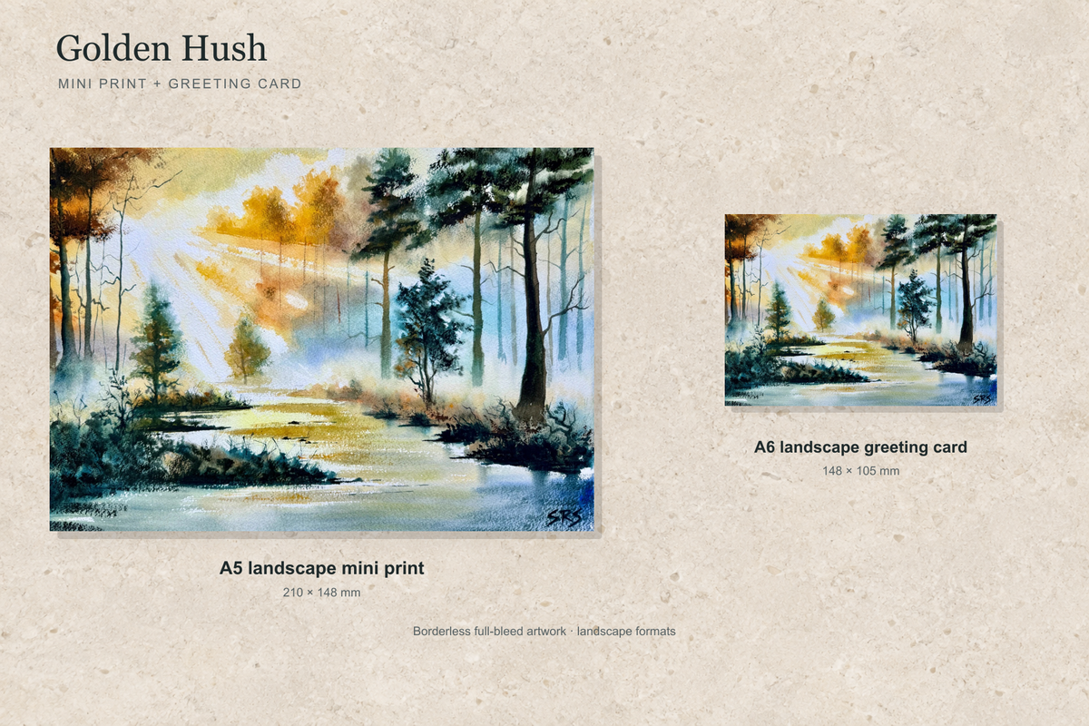 Illustrative landscape mock-up of the A5 mini print and A6 greeting card featuring Golden Hush; both are borderless.