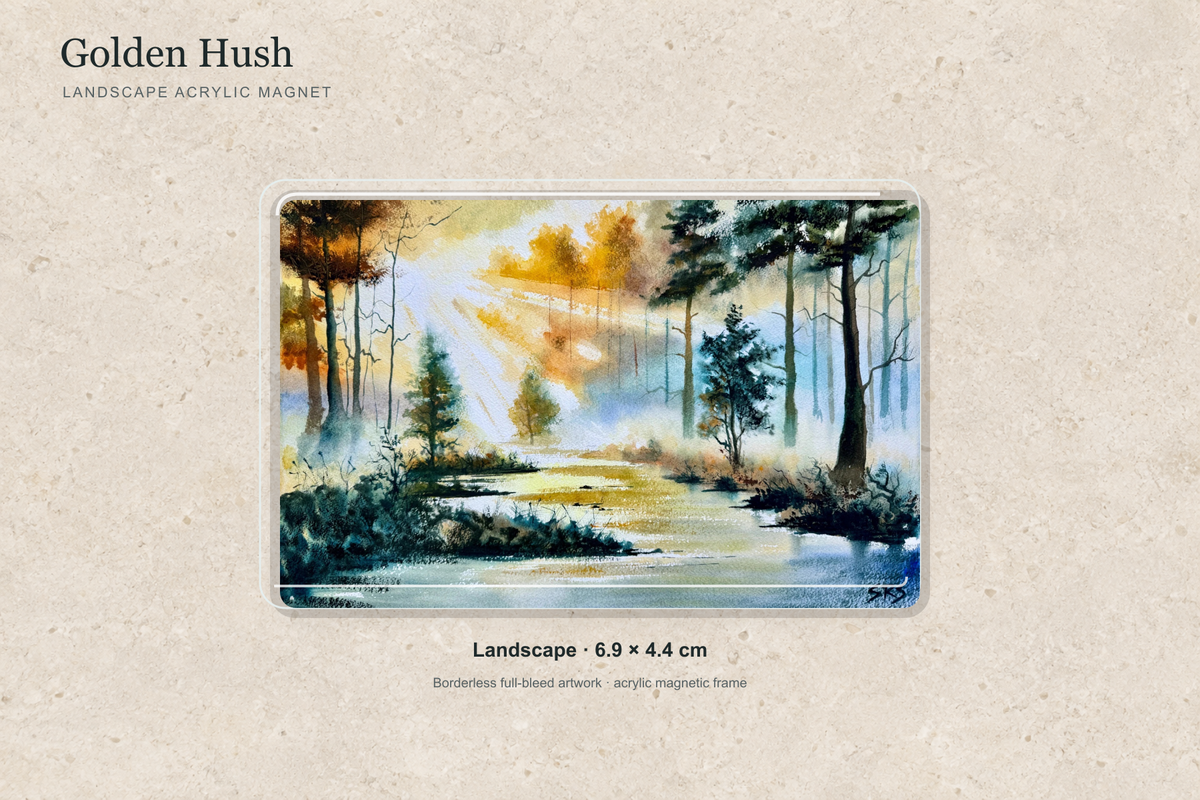Illustrative mock-up of the landscape acrylic magnet, 6.9 × 4.4 cm, featuring Golden Hush.
