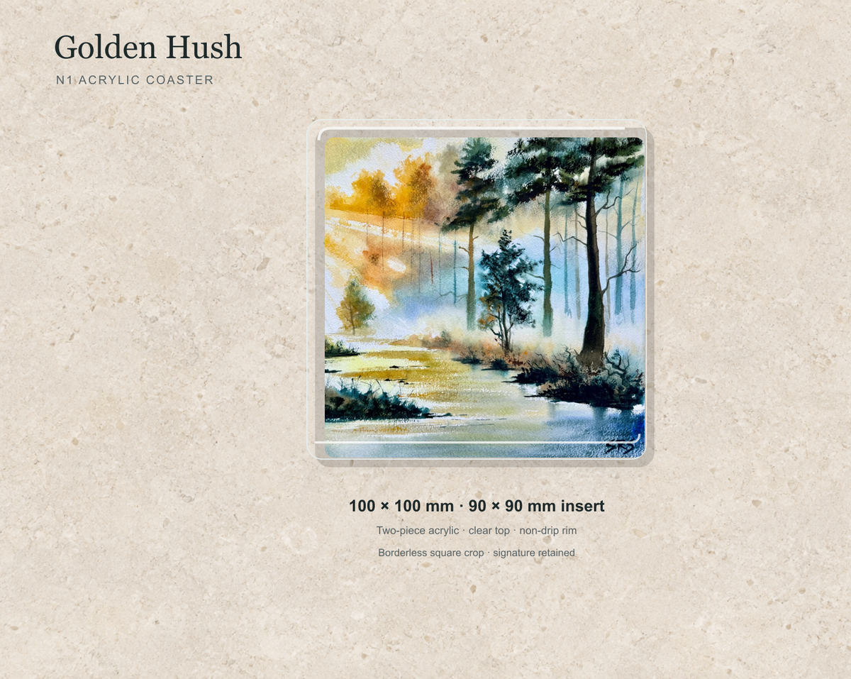 Illustrative mock-up of the N1 acrylic coaster featuring Golden Hush.