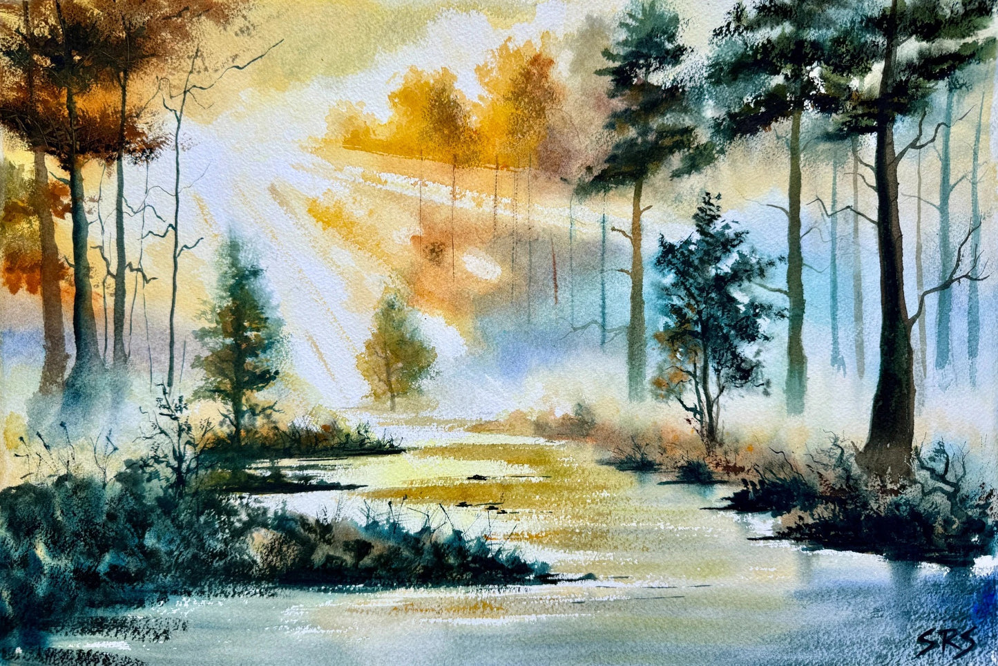 Golden Hush watercolour showing a warm golden-hour landscape filled with soft light.