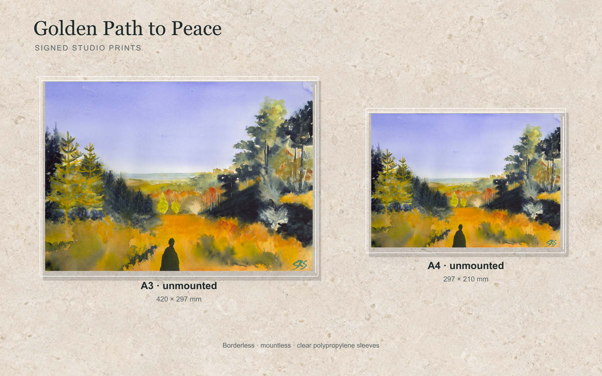 Illustrative mock-up of A4 and A3 borderless signed prints, unmounted in clear polypropylene bags, featuring Golden Path to Peace.