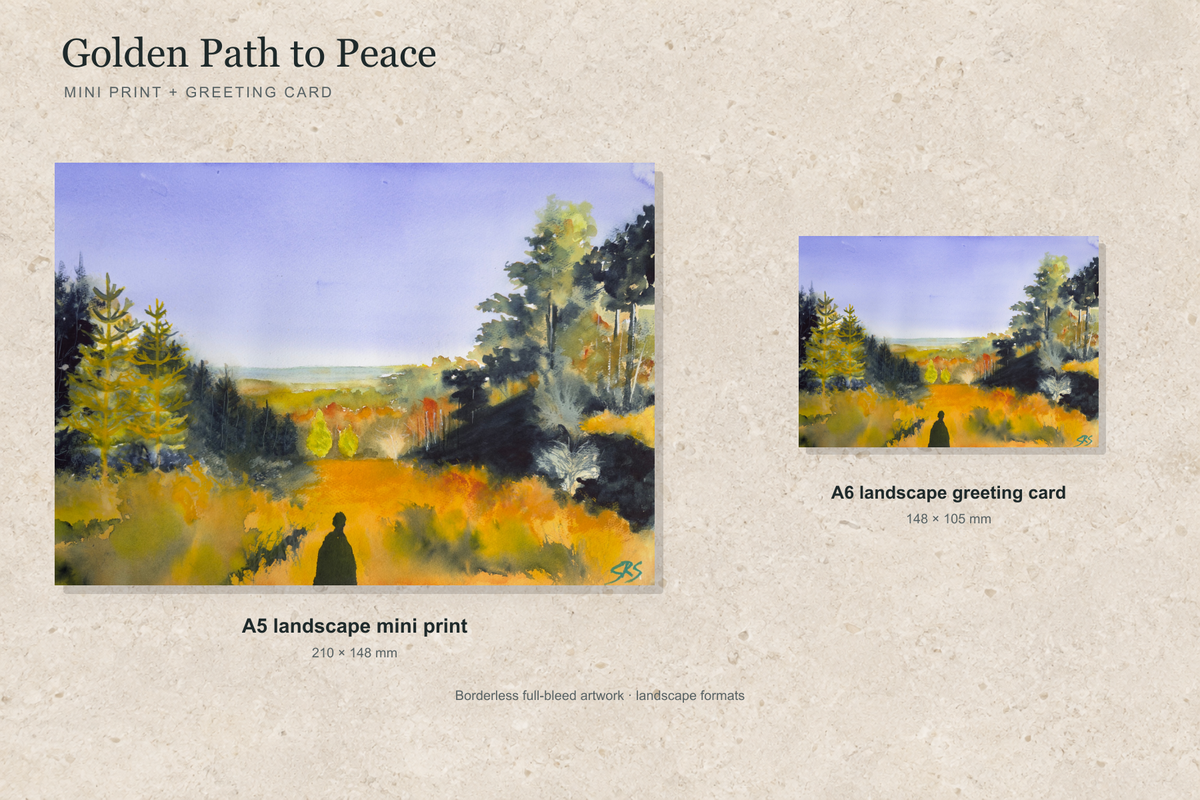 Illustrative landscape mock-up of the A5 mini print and A6 greeting card featuring Golden Path to Peace; both are borderless.